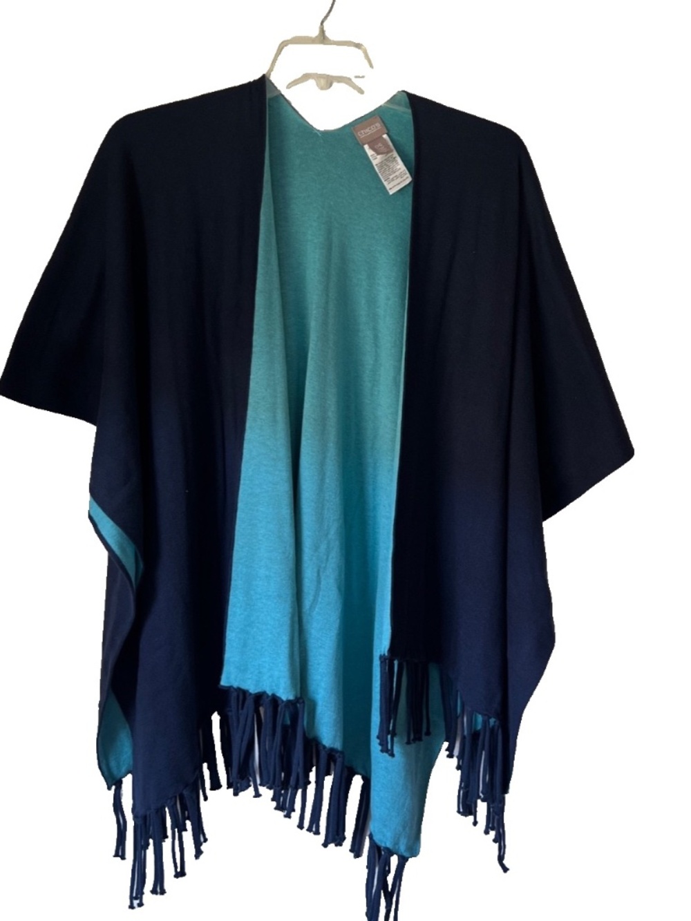 Chico's One Size Navy Blue/Teal Poncho Shawl Knit  Fringe Open Front